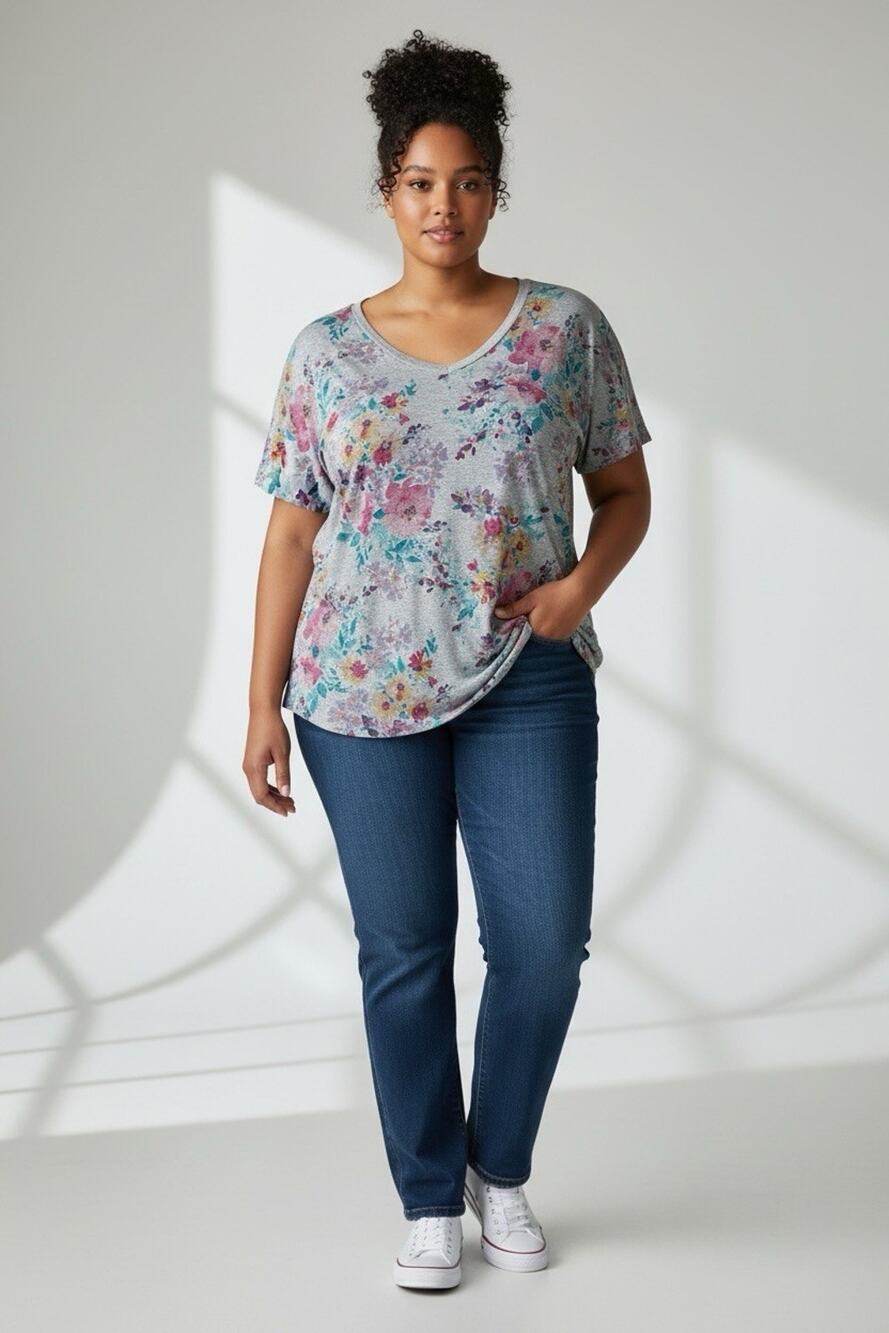 Torrid Plus Gray Floral Short Sleeve V-neck T-shirt Super Soft Knit Size 2